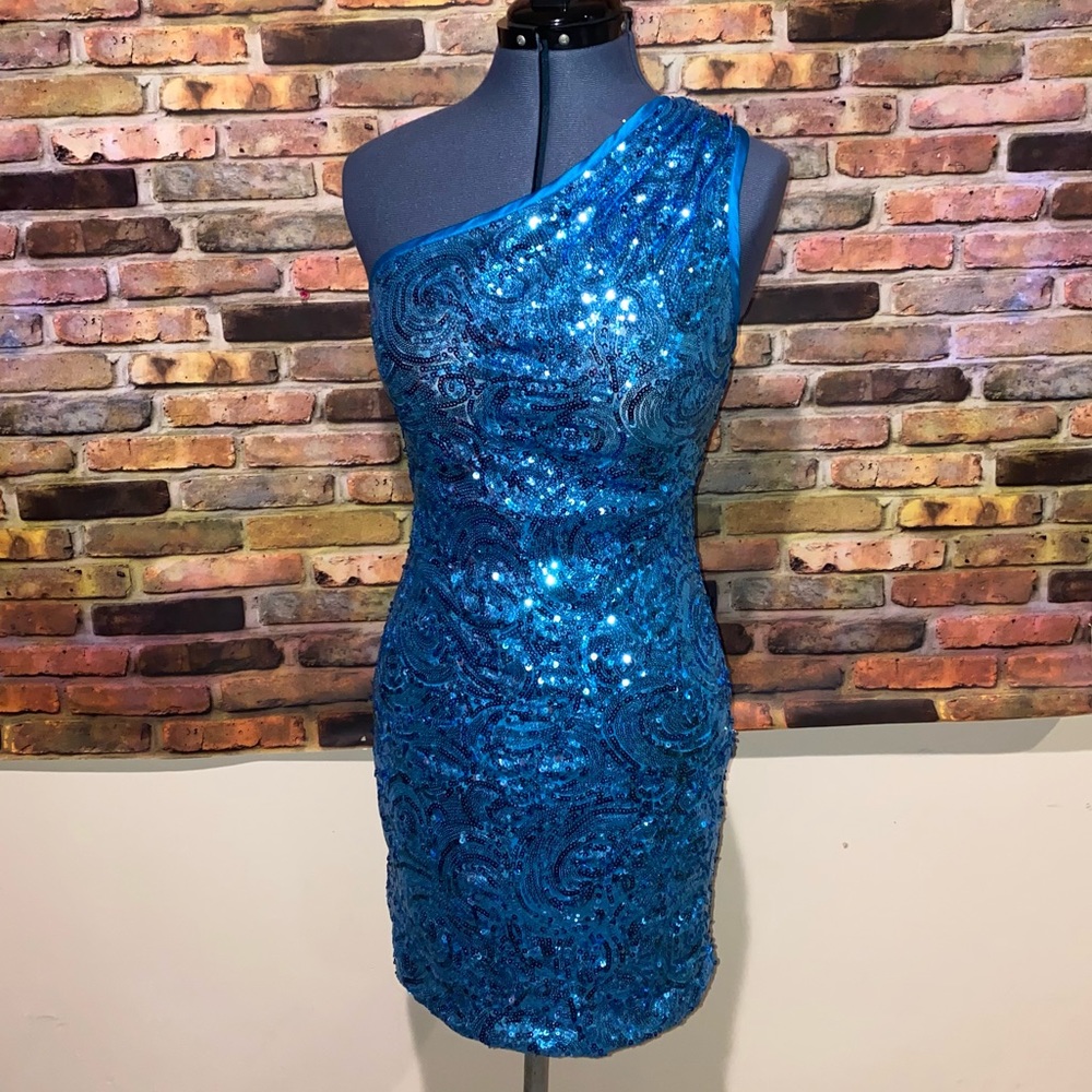 Shawn Yearick Blue Sequin Cocktail Short Dress One Shoulder